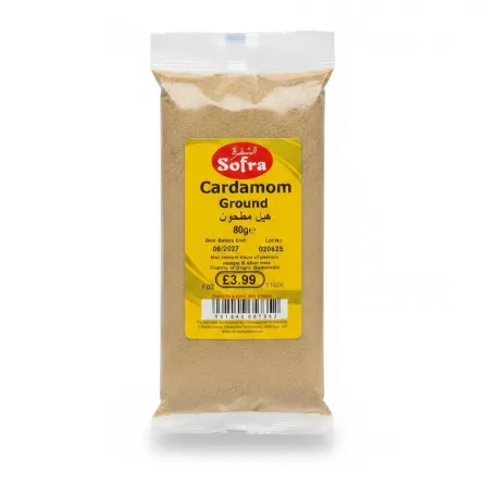 Sofra Ground Cardamom in yellow labelled clear plastic bag showing front