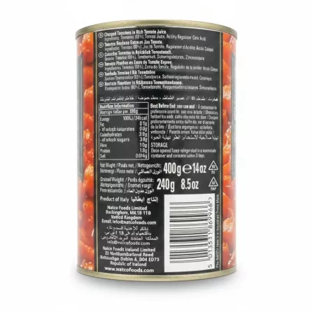 Natco chopped tomatoes tin can back label showing ingredients and nutrition information