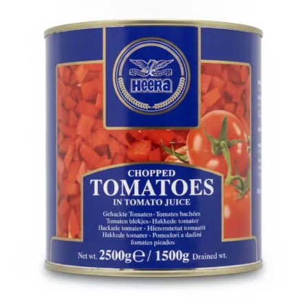 Heera brand chopped tomatoes can with red diced tomatoes visible on label