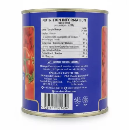 Nutrition information and barcode on Heera chopped tomatoes can