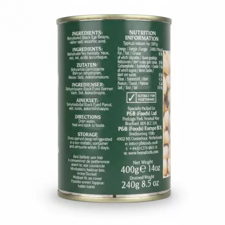 Back label of Heera black eye beans showing ingredients and nutrition facts