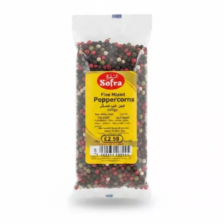 Sofra Five Mixed Peppercorns 100g resealable pack front view with colourful peppercorns