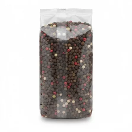 Clear back view of Sofra Five Mixed Peppercorns 100g showing black, green, red, white peppercorns