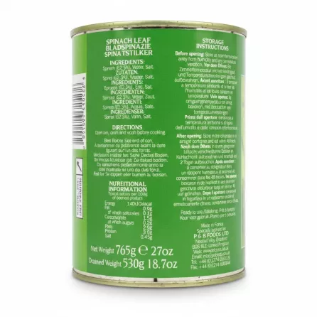 Heera canned spinach leaf nutritional and storage info