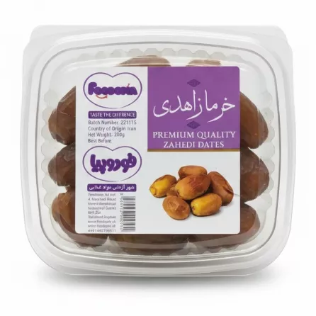 Plastic container of Foodopia Premium Zahedi Dates showing front label