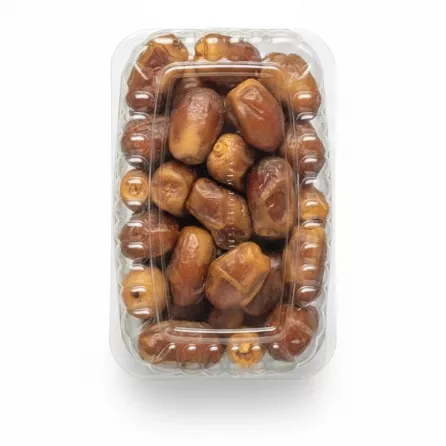 Top view plastic container showing Premium Zahedi Dates inside