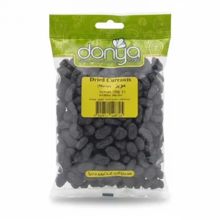 Pack of Doniya Foods dried currants in clear bag with green top