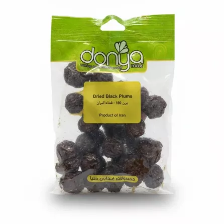 pack of dried black plums in a transparent and green dontya branded bag