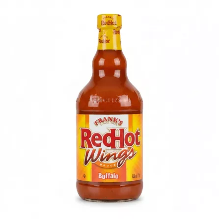 Bottle of Frank's RedHot Buffalo Wings Sauce with yellow and red label