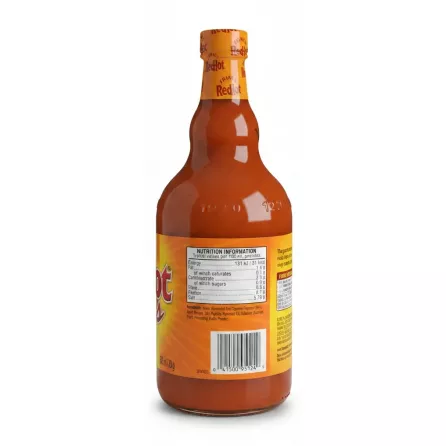 Nutrition information and ingredients on the back label of Frank's RedHot Buffalo Wings Sauce bottle