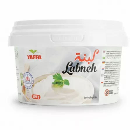 Container of Yaffa Labneh strained yoghurt lightly salted 500g with parsley garnish on label
