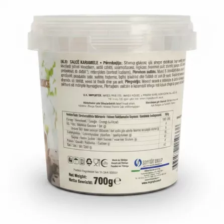 Nutritions facts and ingredient list on Kent Boringer caramel flavoured sauce tub