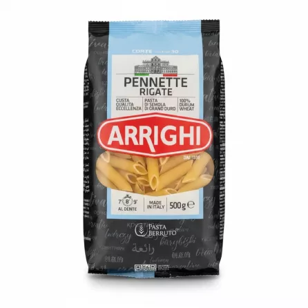 Front view of Arrighi Pennette Rigate pasta 500g pack