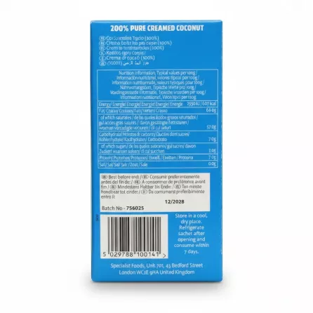 Nutritional information and barcode on Tropical Sun creamed coconut packaging