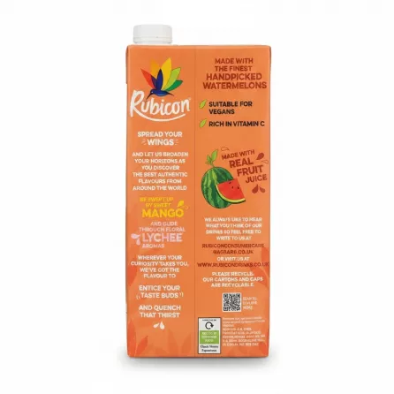 Rubicon Still Watermelon juice 1 litre carton side with product details