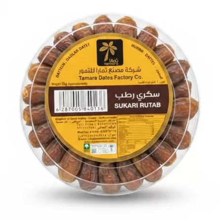 Pack of Sukari Rutab Dates in transparent plastic container