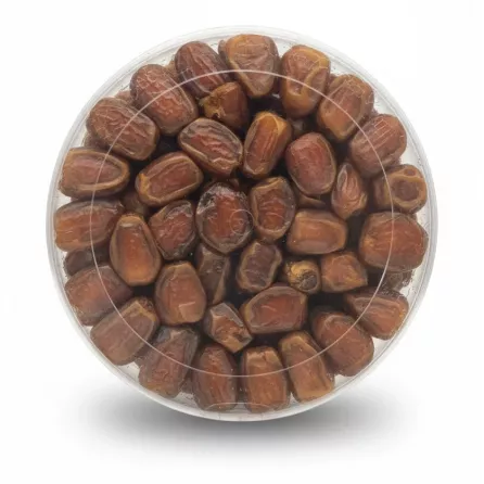 Top view of Sukari Rutab Dates packed in a round plastic tub