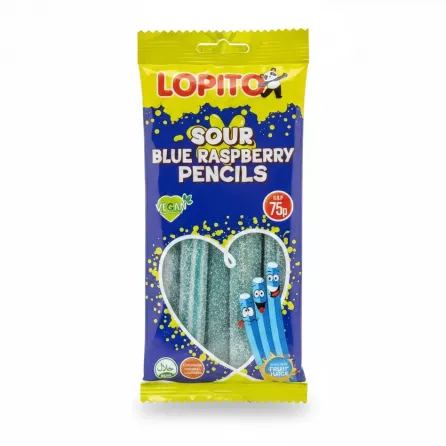 Lopito sour blue raspberry pencils in bright yellow and blue packet showing candy through heart shaped window