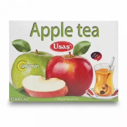 Usas Apple Tea box front showing green and red apples and tea glass