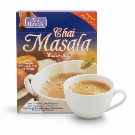 Tea Break Instant Chai Masala box front view with cup of chai