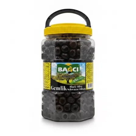 Jar of Bagci Gemlik black olives with yellow lid and handle