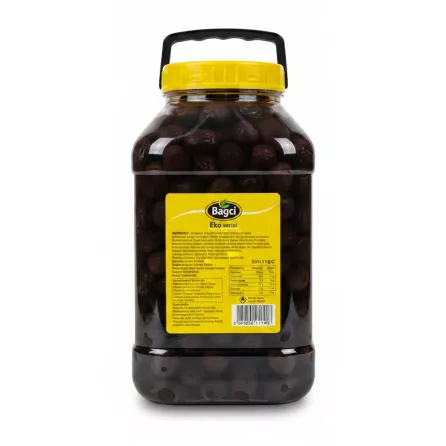 Back of Bagci Gemlik black olives jar showing ingredients, barcode, and product details