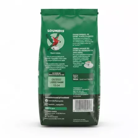Back of Loumidis Papagalos coffee package showing product information