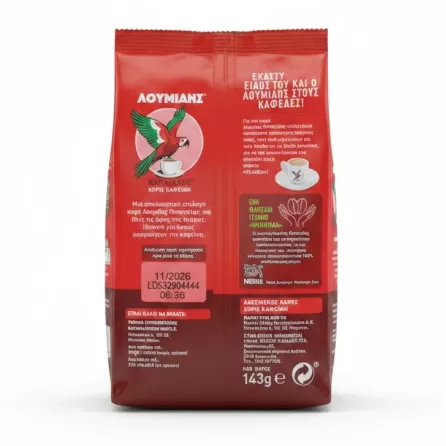 Back view of Loumidis Papagalos decaf coffee package with product details