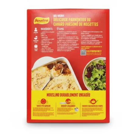 Back of Mousline instant mashed potato box showing ingredients and recipe instructions