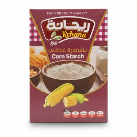 Rehana brand corn starch box front with corn illustration