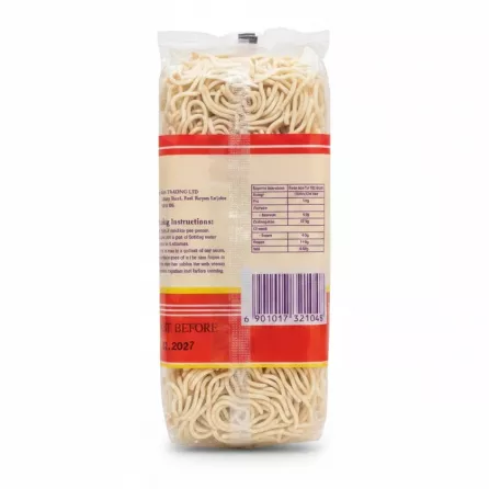 Back of the Long Life Brand Chinese noodles package showing cooking instructions and nutrition info