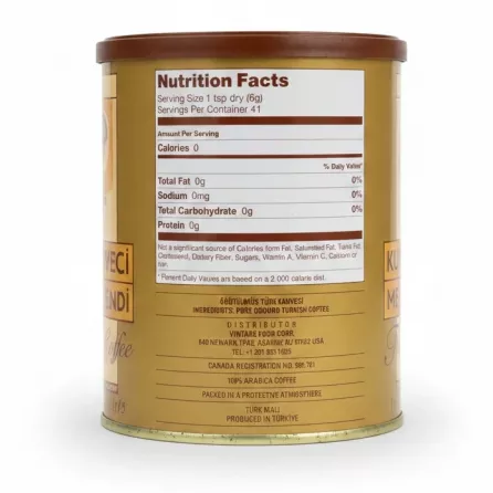 Nutrition facts and ingredients on Kurukahveci Mehmet Efendi Turkish Coffee tin