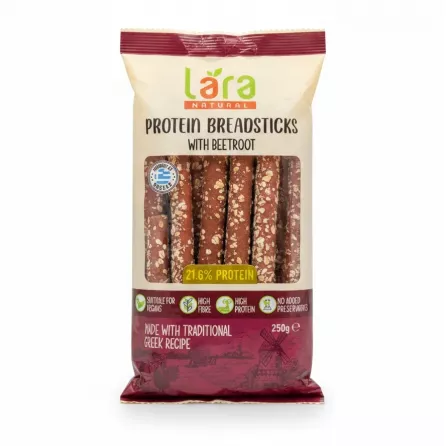 Pack of Lara Natural Protein Breadsticks with Beetroot in cream and burgundy packaging
