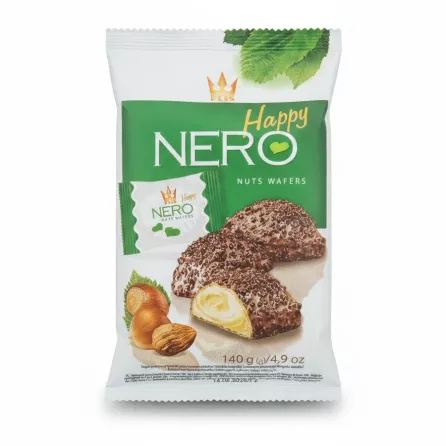 Flis Nero Happy Nuts Wafers packet held front view with product branding and nuts