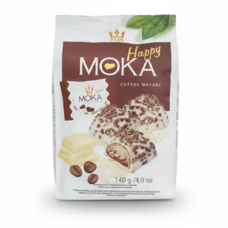 Close-up of Flis Happy Moka Coffee Wafers packaging front detail
