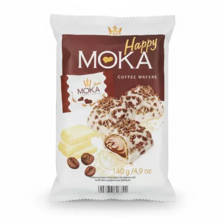 Flis Happy Moka Coffee Wafers front pack with coffee beans and white chocolate illustration