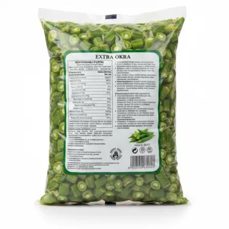 Back pack of Bostana Extra Okra showing cooking instructions and nutritional info