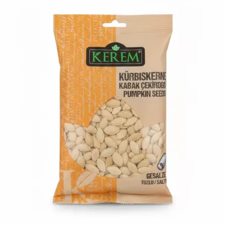 Pack of Kerem brand salted pumpkin seeds showing clear packaging with seeds inside