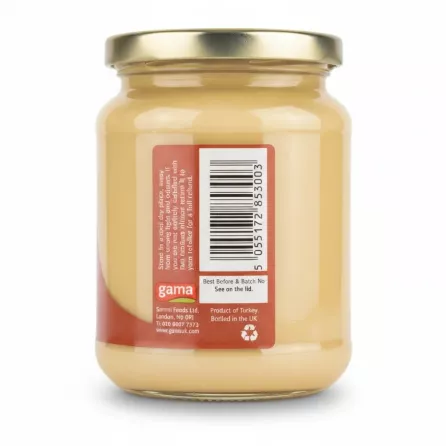 Ebru Tahini jar back label with barcode and product info