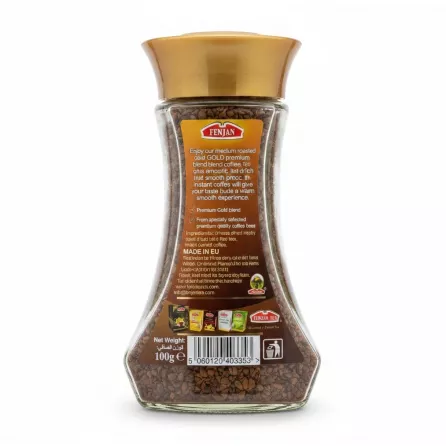 Fenjan Gold Freeze Dried Instant Coffee back jar view with ingredients and details