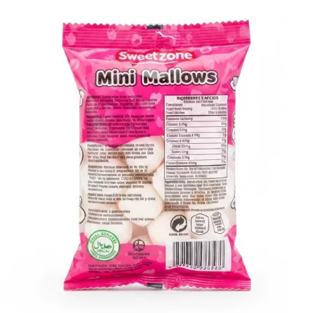 Back of Sweetzone Mini Mallows pack showing ingredients and halal symbol
