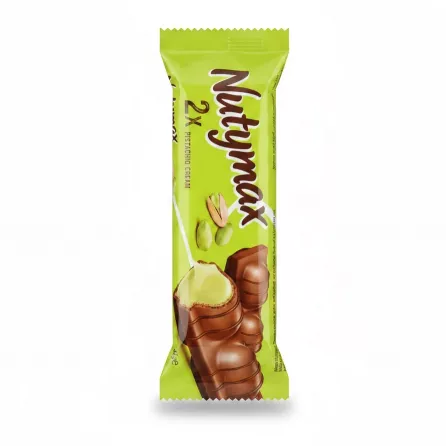 Nuttymax chocolate bar with pistachio cream inside in green wrapper