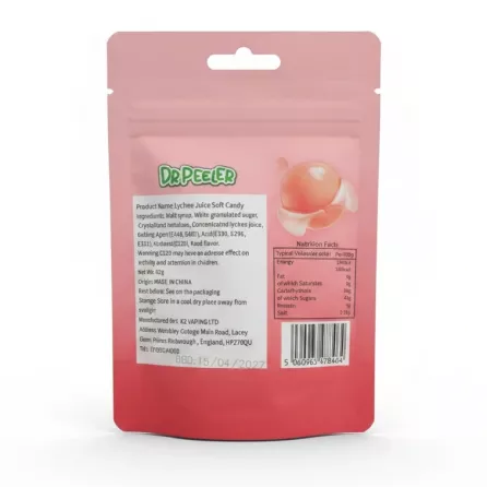 back side of Dr Peeler lychee gummy candy pack showing ingredients and nutritional facts