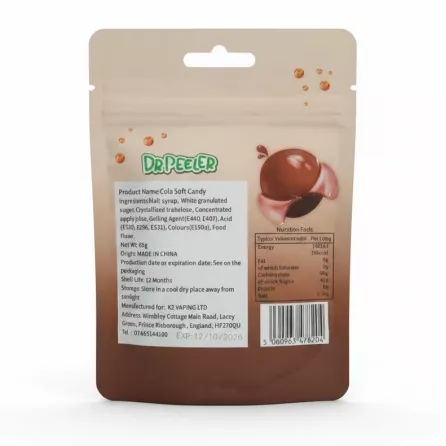 Dr. Peeler Cola gummy candy back packaging with ingredients and nutrition