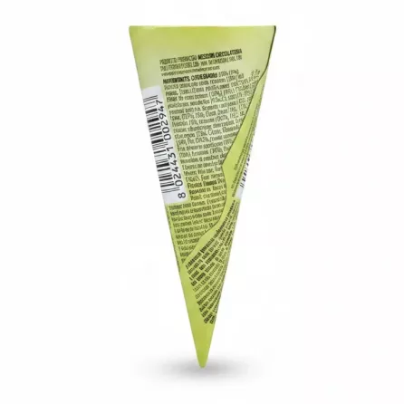 Back view of Messori Cono Pistacchio chocolate cone showing barcode and ingredient details