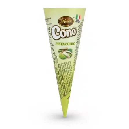 Messori Cono Pistacchio chocolate cone wrapped in green packaging held in hand