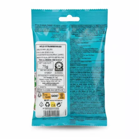 Back of Fini Wild Strawberries gummy sweets packaging with ingredients and nutritional info