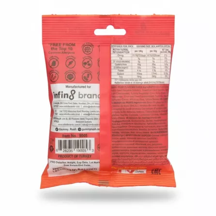 Back view of CheeryChews Gummy Rush packaging showing ingredients and nutrition