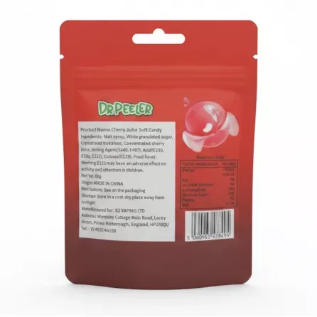 Dr Peeler Peelable Cherry Gummy Candy pouch back with ingredients and nutritional facts