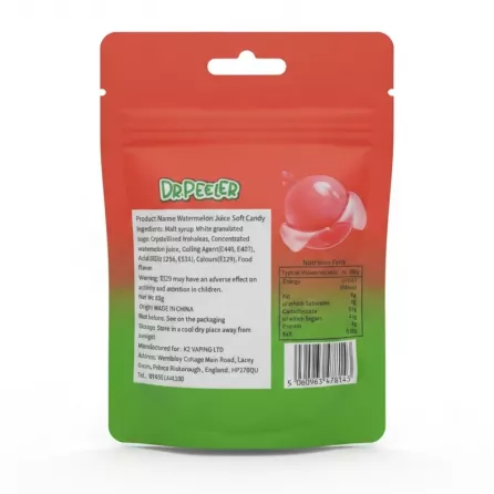 Back of Dr Peeler Peelable Watermelon Gummy Candy packaging with ingredient, nutritional facts, and barcode